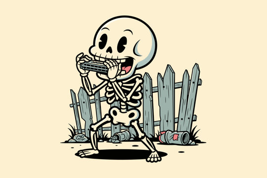 Cartoon Skeleton Playing Harmonica with Joyful Expression.