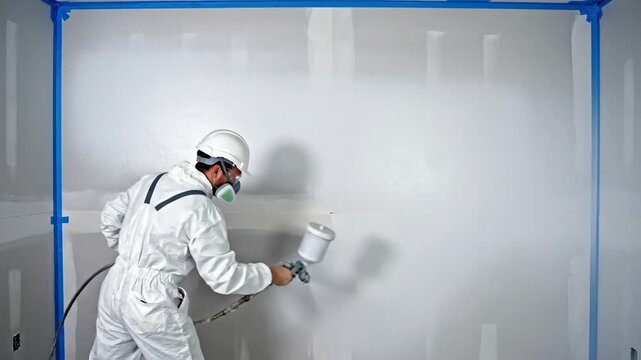 A professional painter in a white protective suit and respirator spray painting a new drywall wall.