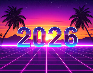 The year 2026 rendered in a vibrant 1980s retro-futuristic synthwave style with a neon grid, palm trees, and a dramatic sunset