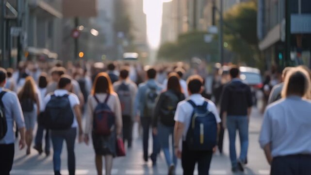 Dynamic urban scene with bustling crowd walking down city street, capturing the energy of everyday life and the vibrant pulse of the metropolis