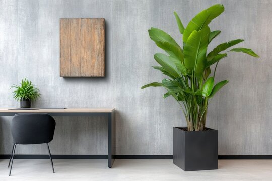 Minimalist workspace with desk and indoor plants - Powered by Adobe