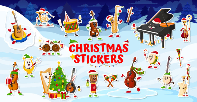 Cartoon winter Christmas music instruments festive stickers pack at Xmas holiday ice rink vector background. Funny guitar, piano, drum and violin music instrument characters with Christmas tree, gifts