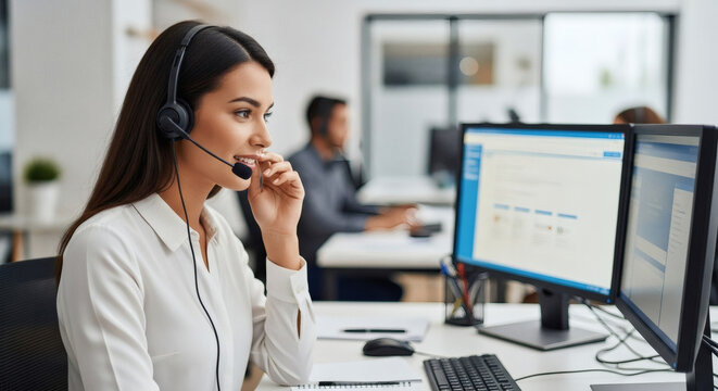 Professional woman provides customer support via headset in a modern office, ready to assist and resolve issues with a friendly and efficient approach - Powered by Adobe