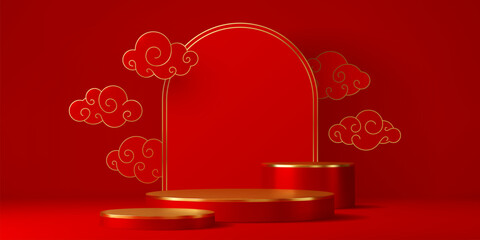 Asian red podium stand with Chinese tall arched frame and swirl clouds float around on a deep red background. 3d Asian vector event pedestal stand with golden trim, traditional oriental round scene
