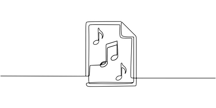 Continuous one line drawing of a music file with musical note symbols, depicting a digital audio file, line art style vector illustration.