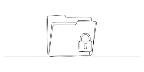 Continuous one line drawing of a folder with a padlock icon, representing a protected or encrypted folder, line art style vector illustration.