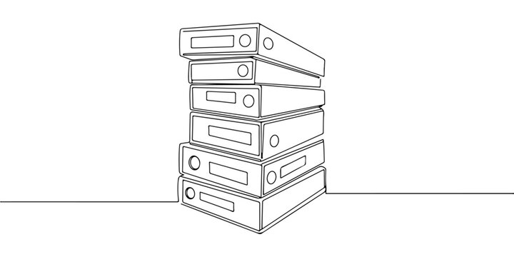 Continuous one line drawing of a stack of tiered folders with labels, depicting an archive management system, line art style vector illustration.