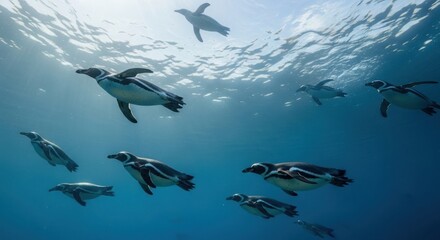 Penguin group swimming underwater