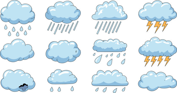 Set of 12 cartoon weather clouds with rain, lightning, storm icons, cute cloud illustrations, hand-drawn style sky symbols