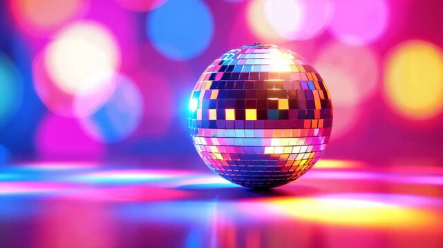 Reflective disco ball on glossy dancefloor, colorful bokeh lights in background, mirrored mosaic sphere, nightclub lighting effects, retro 1970s dance decor, nightlife neon reflections scene