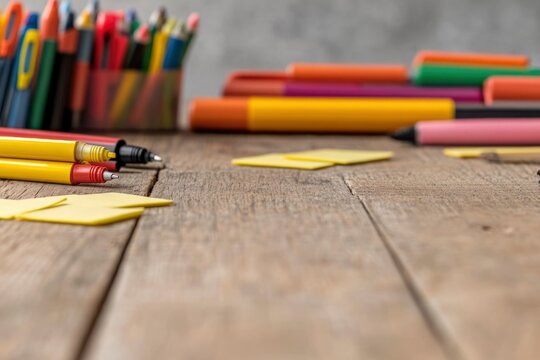 Bright markers and highlighters with sticky notes