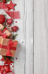 Christmas ornaments on white wooden table