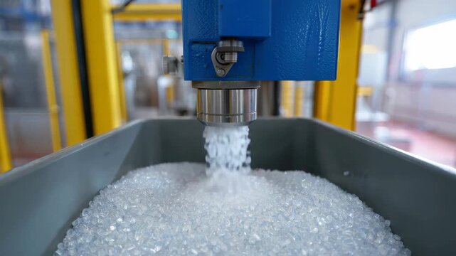 Clear polymer pellets pouring from blue nozzle into gray bin, plastic resin granules in industrial production, extrusion molding raw material, recycling process facility, factory supply
