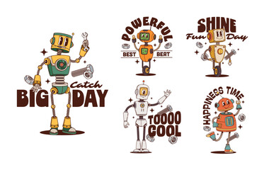 Retro robot groovy characters stickers and vintage droid t shirt prints, cartoon vector. Funny robot characters with happy faces and wrenches, funky droid bot or cyber droid with positive vibe quotes