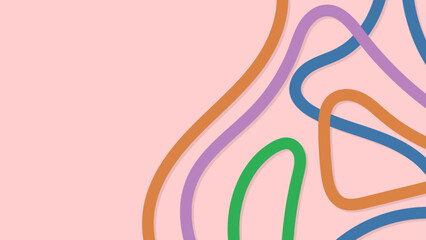 Colored curves (orange, green, blue, purple) on a light pink background, intertwining on the right side of the image. Abstract background with curved lines.