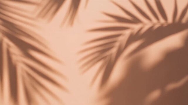 Gentle palm frond shadows dancing on a warm terracotta wall creating a serene tropical vibe for a relaxing summer mood, perfect for wellness brands