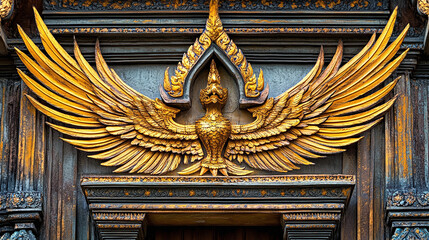 Ornate Golden Bird Carving on Traditional Wood Doorway