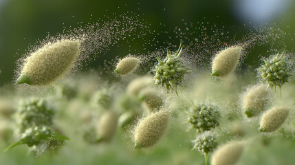 Abstract visualization of microscopic pollen grains and plant structures actively dispersing through the air, symbolizing seasonal allergy triggers and vital plant reproduction cycles in nature