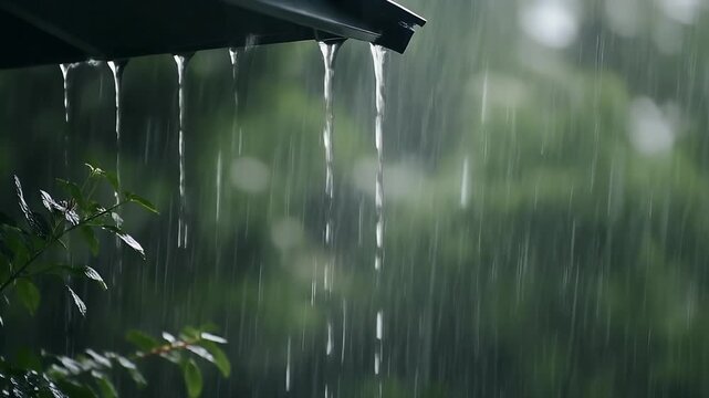 Relaxing rainfall scene with water cascading from roof, creating a calming and peaceful ambiance, perfect for nature lovers and serene moments