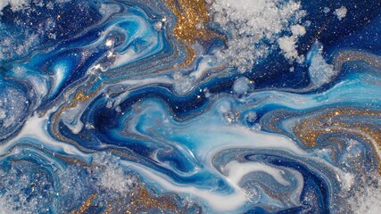 Swirling blue, white, and gold liquid paint with glitter. Vertical video of a fluid art abstract background. Metallic ink and acrylic mixture in motion - Powered by Adobe