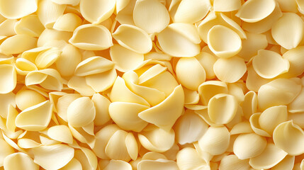 Close-up macro shot of delicate white chocolate petals forming a flower shape amidst a scattered bed of similar petals