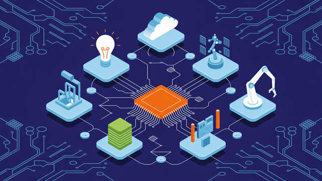 Isometric digital network illustration with central processor linking to cloud robotics AI data servers and molecular structures