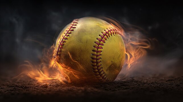 Intense action shot of a yellow softball with red seams, surrounded by flames against a dark backdrop. A powerful symbol of sportsmanship and skill.