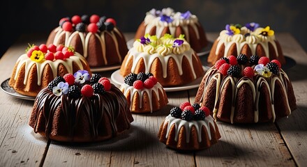 Delicious Bundt Cakes with Berries and Flowers on Wooden Table.