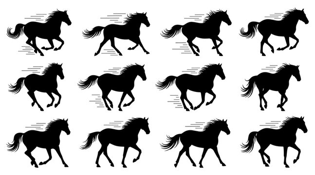 Running horse silhouettes with energetic motion. Clean lines show high quality. The collection highlights graceful strides and fluid movement