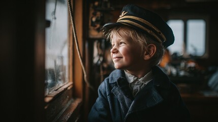 A young child, adorned in a captain's hat, gazes out a window with a hopeful smile. Dressed in a navy pea coat, he appears lost in dreams of seafaring adventures ahead.