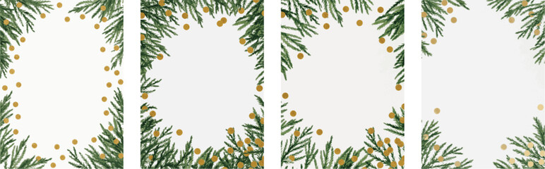 Elegant collection of holiday pine foliage frames featuring subtle gold glitter elements