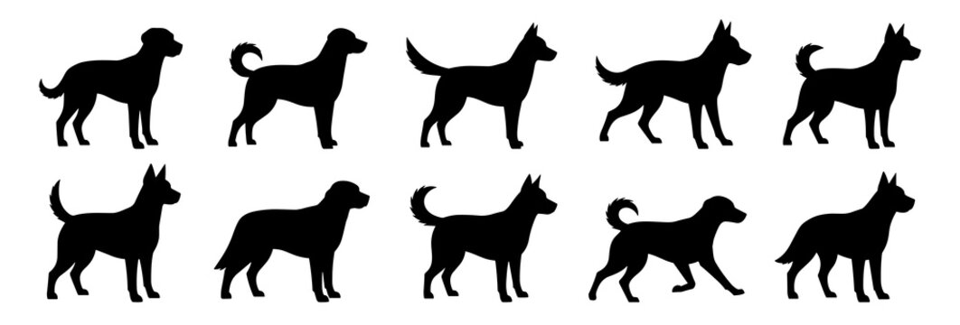 Dog silhouettes featuring various breeds and poses. Clean lines show high quality. The collection shows natural stance and alert posture