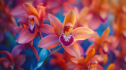 Close-up of beautiful vibrant orange and pink orchids with intricate details in soft lighting and shallow depth of field