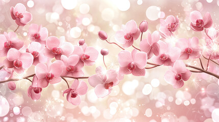 Elegant pink orchid blossoms on a luminous bokeh background, celebrating natural beauty and serene floral grace in a soft, dreamy springtime setting, perfect for romantic and tranquil designs