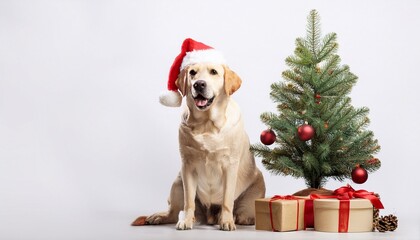 labrador retriever with santa hat sitting next to christmas tree on white background; free space for text