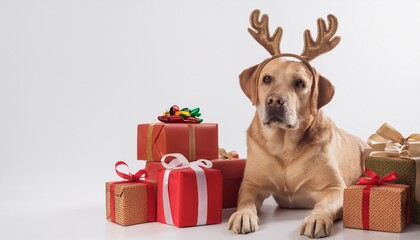 labrador retriever with antlers headban sitting next to christmas gifts on white background; free space for text