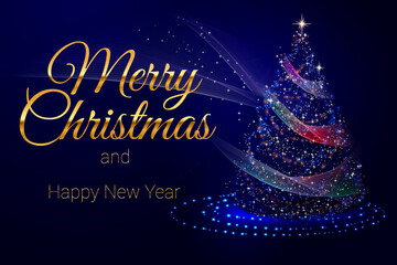 Elegant Christmas greeting card featuring a decorated Christmas tree against a starry night background. “Merry Christmas” appears in luxurious gold lettering
