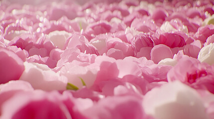 A mesmerizing expanse of delicate pink and white flower petals, glistening with subtle dew, creating a serene and romantic natural backdrop