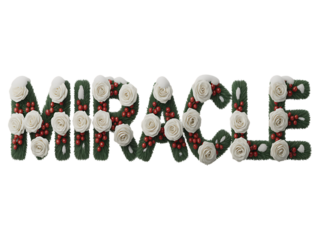 Word Miracle Formed by Christmas Garland Roses and Berries isolated on a transparent background