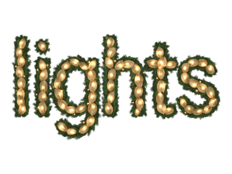 Word Lights Formed by Christmas Lights and Greenery isolated on a transparent background