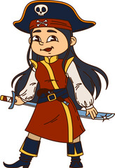Asian cartoon pirate and corsair female character. Cute cartoon vector pirate girl in a red and gold outfit with a sword and skull hat. Funny, adventurous and smiling marine queen with long black hair