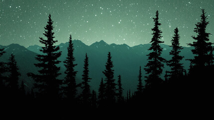 Tranquil wilderness landscape with silhouetted evergreen trees and distant mountains under a glowing, starry night sky