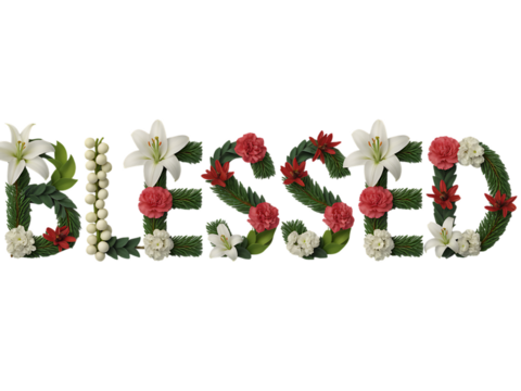 Word Blessed Formed by White Lilies and Red Carnations isolated on a transparent background