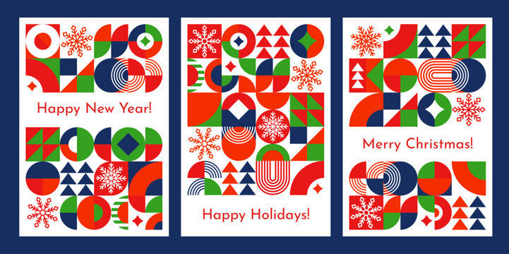 Christmas and new year geometric vector posters. Red and green triangles, blue circles, semicircles, arches and snowflakes on Christmas minimalist geometric background. Vertical covers, holiday cards