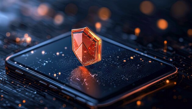A 3D render of a glowing orange shield emblem placed on a smartphone screen, set against a dark background with illuminated circuit board patterns and soft boke