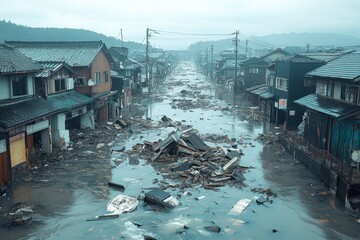 Tsunami destruction with flooded urban area
