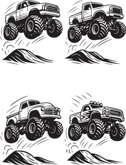 Four monster trucks mid air black and white vector set.eps © Bui