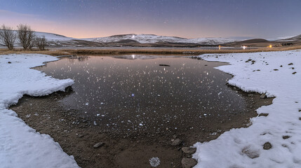 Winter Reflection Snow-Covered Landscape Under a Starry Sky with a Reflective Pond
