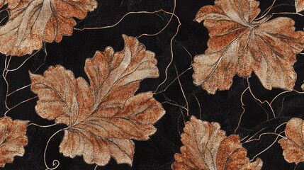 Autumnal Elegance Dark Floral Pattern with Golden Grape Leaves
