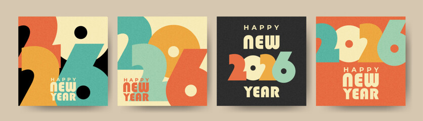 New Year card set with large geometric 2026 typography. Textured grainy posters with warm vintage palette.  For greetings, social posts, and festive design projects